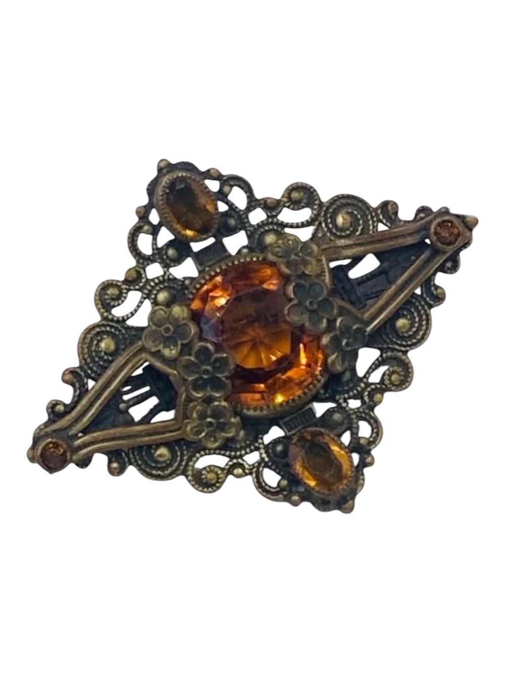 Vintage Czech Ornate Golden Topaz Glass Stone Brooch